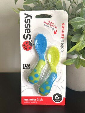 Sassy LESS MESS Angled Toddler Spoons 2 Pack Blue Green Polka Dot BPA Free 2012